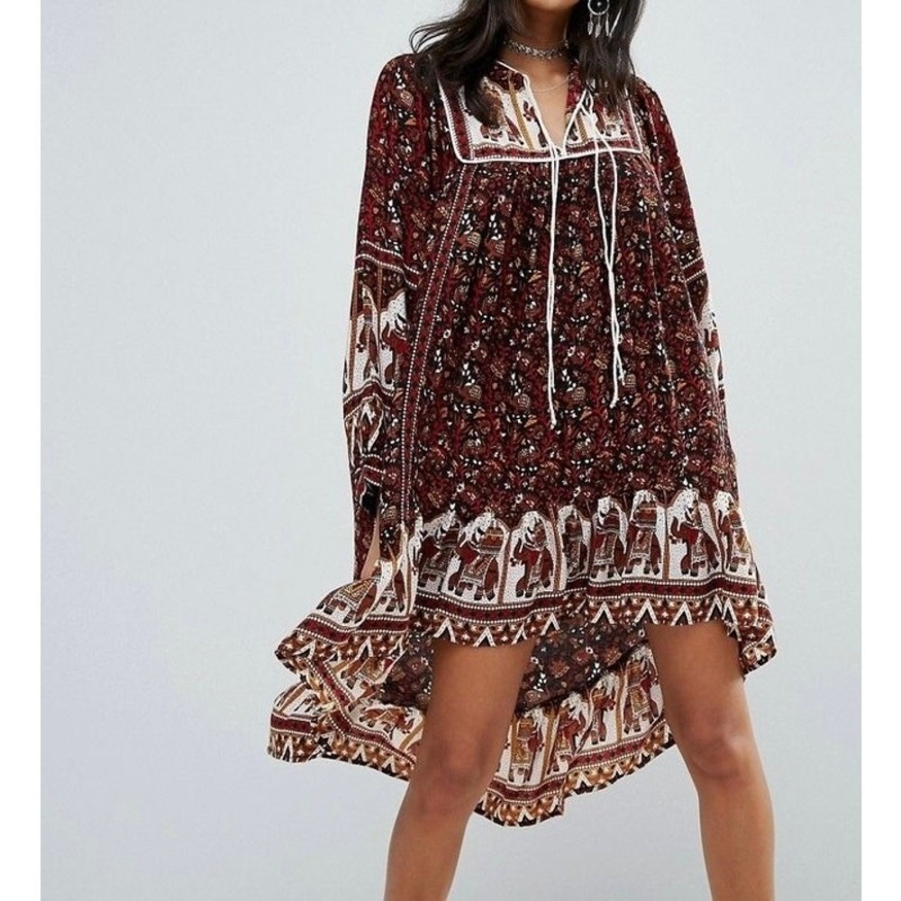 RAGA Arabian Nights Elephant Print High Low Dress Burgundy Large Boho